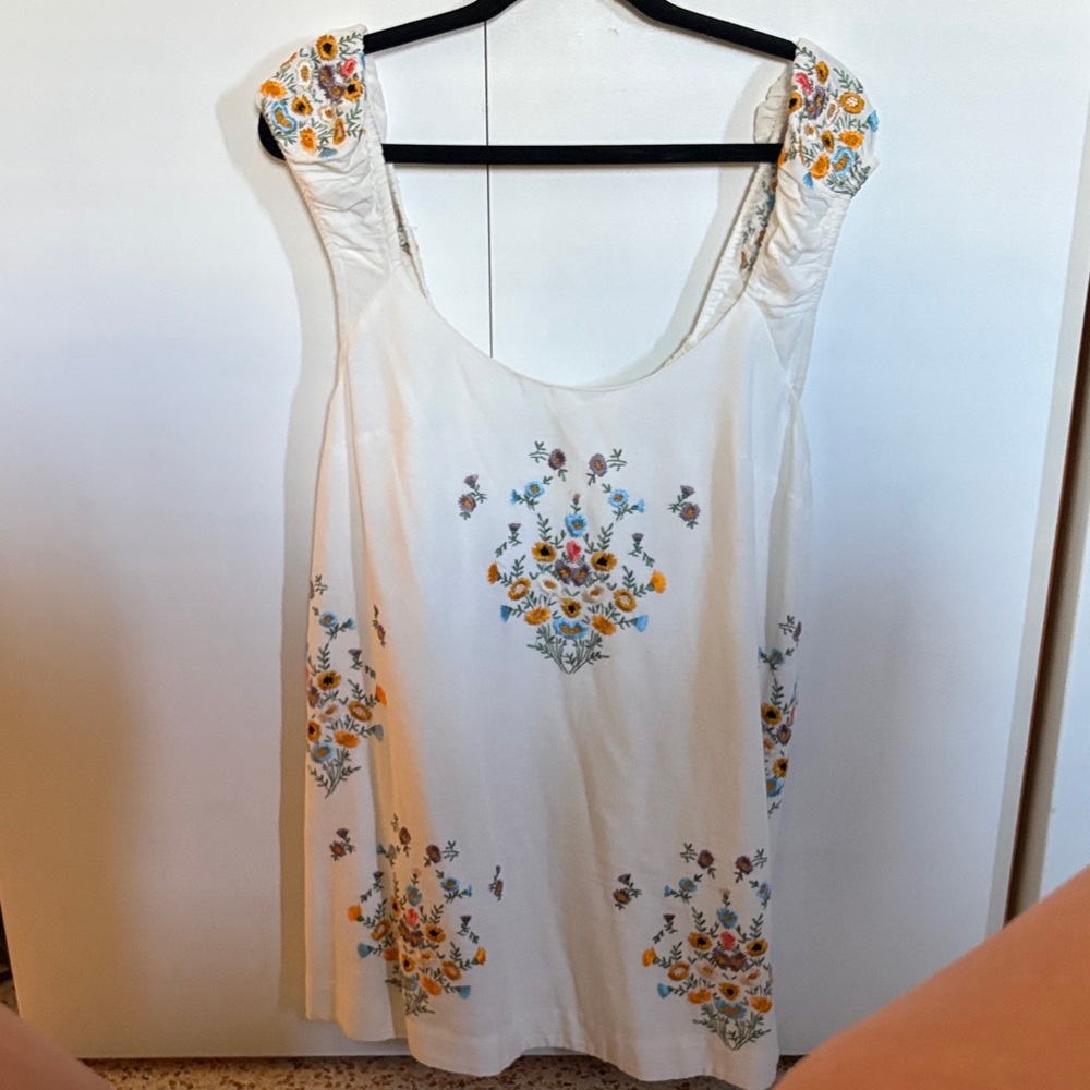 Free People White Mini Dress with Floral Embroidery